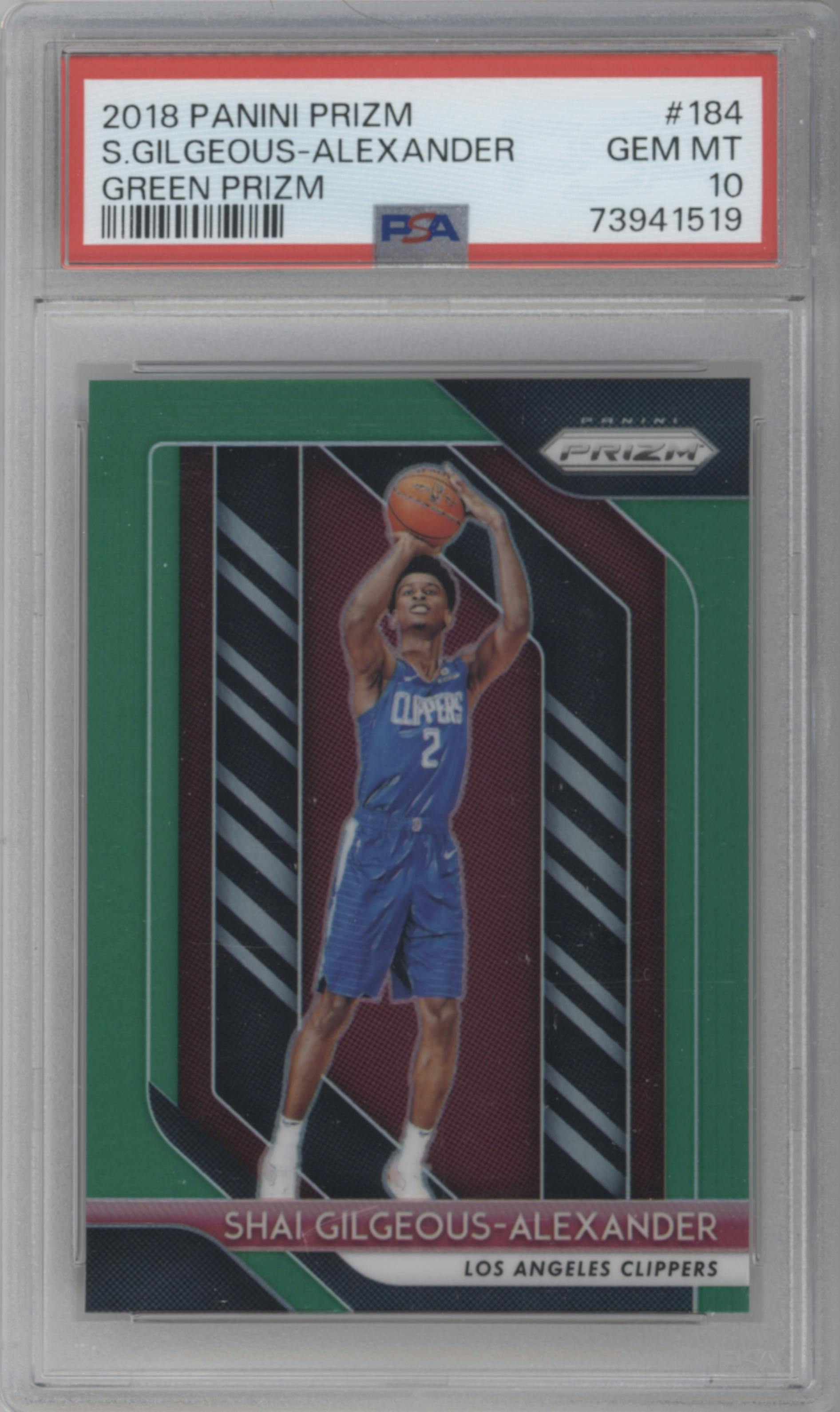 Shai Gilgeous-Alexander from the 2018-19 Panini Prizm set featuring a Green Prizm parallel graded by PSA and given an overall grade of 10.
