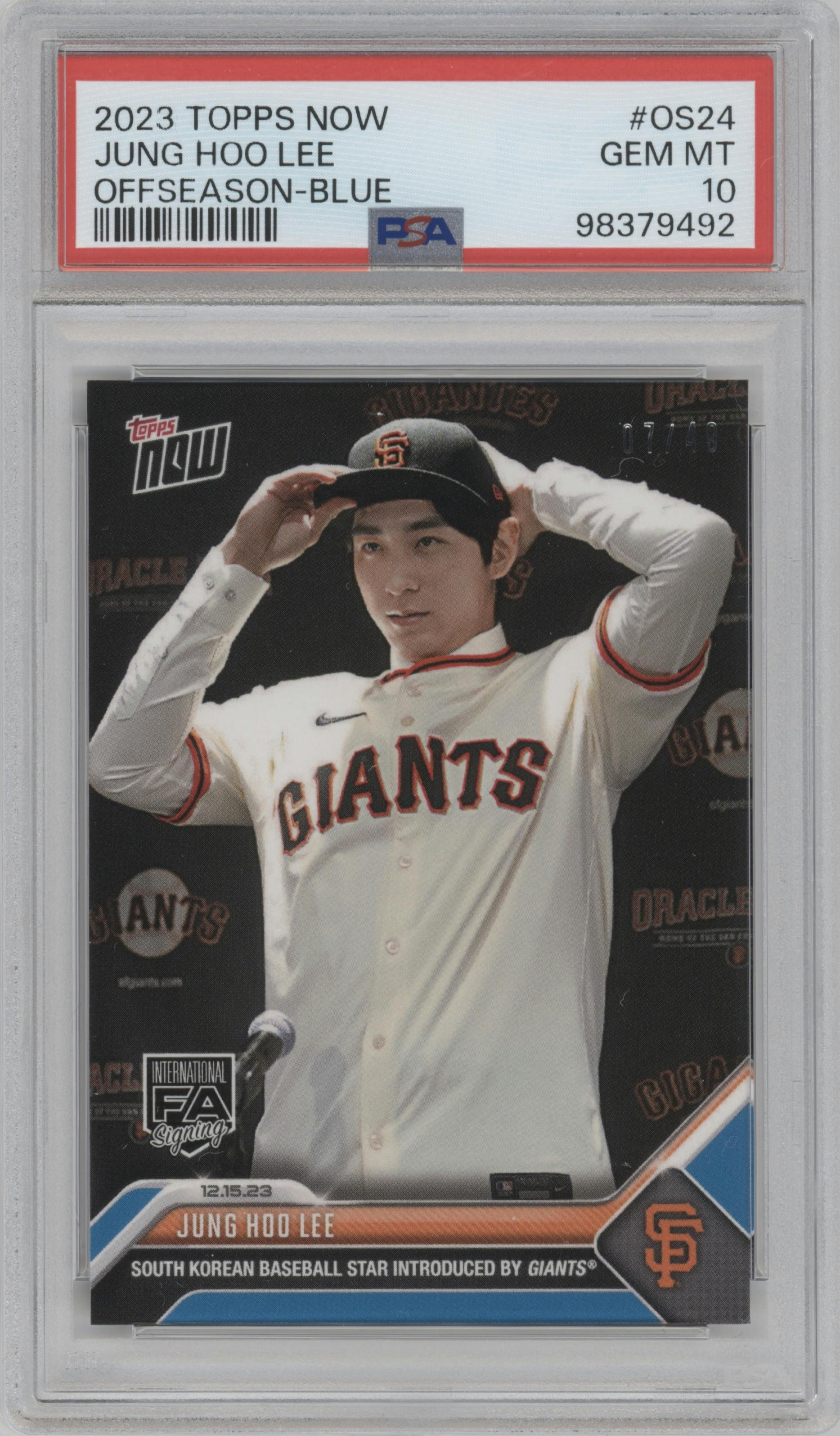 Jung-Hoo Lee from the 2023-24 Topps Now Off-Season set featuring a Blue parallel graded by PSA and given an overall grade of 10.