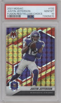Justin Jefferson from the 2021 Panini Mosaic set featuring a Choice Fusion Red & Yellow parallel graded by PSA and given an overall grade of 10.