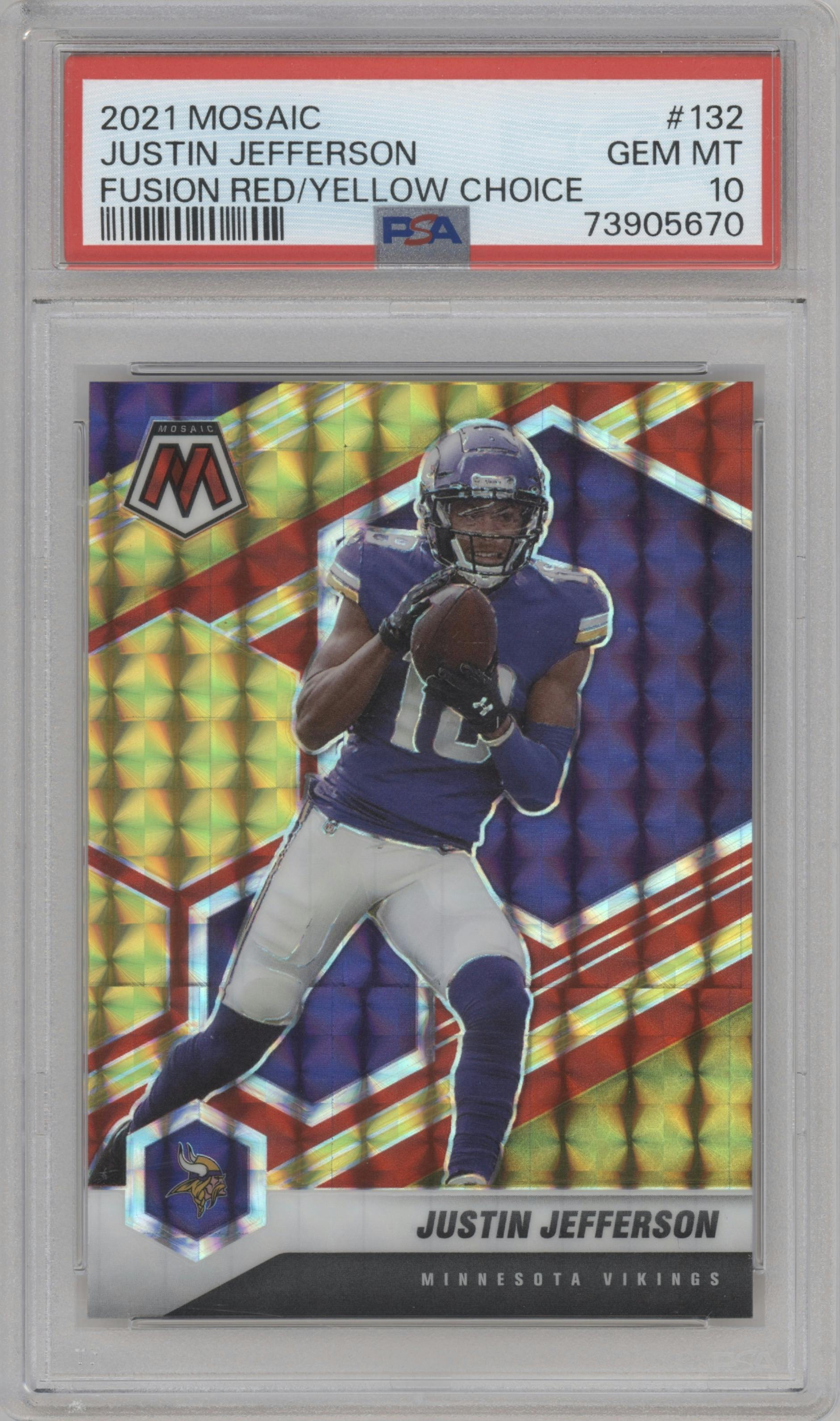 Justin Jefferson from the 2021 Panini Mosaic set featuring a Choice Fusion Red & Yellow parallel graded by PSA and given an overall grade of 10.