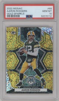 Aaron Rodgers from the 2022 Panini Mosaic set featuring a Gold Sparkle parallel graded by PSA and given an overall grade of 10.