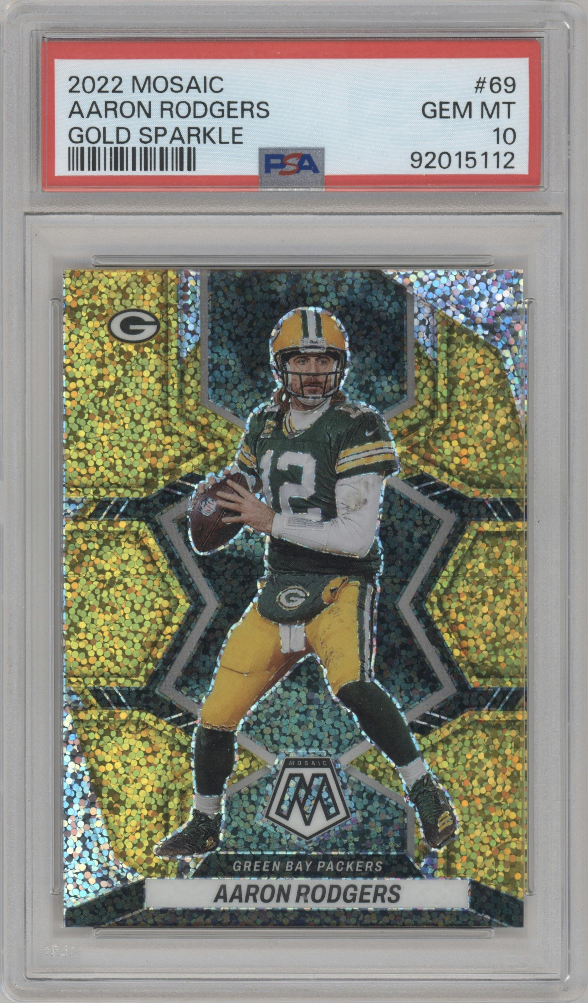 Aaron Rodgers from the 2022 Panini Mosaic set featuring a Gold Sparkle parallel graded by PSA and given an overall grade of 10.