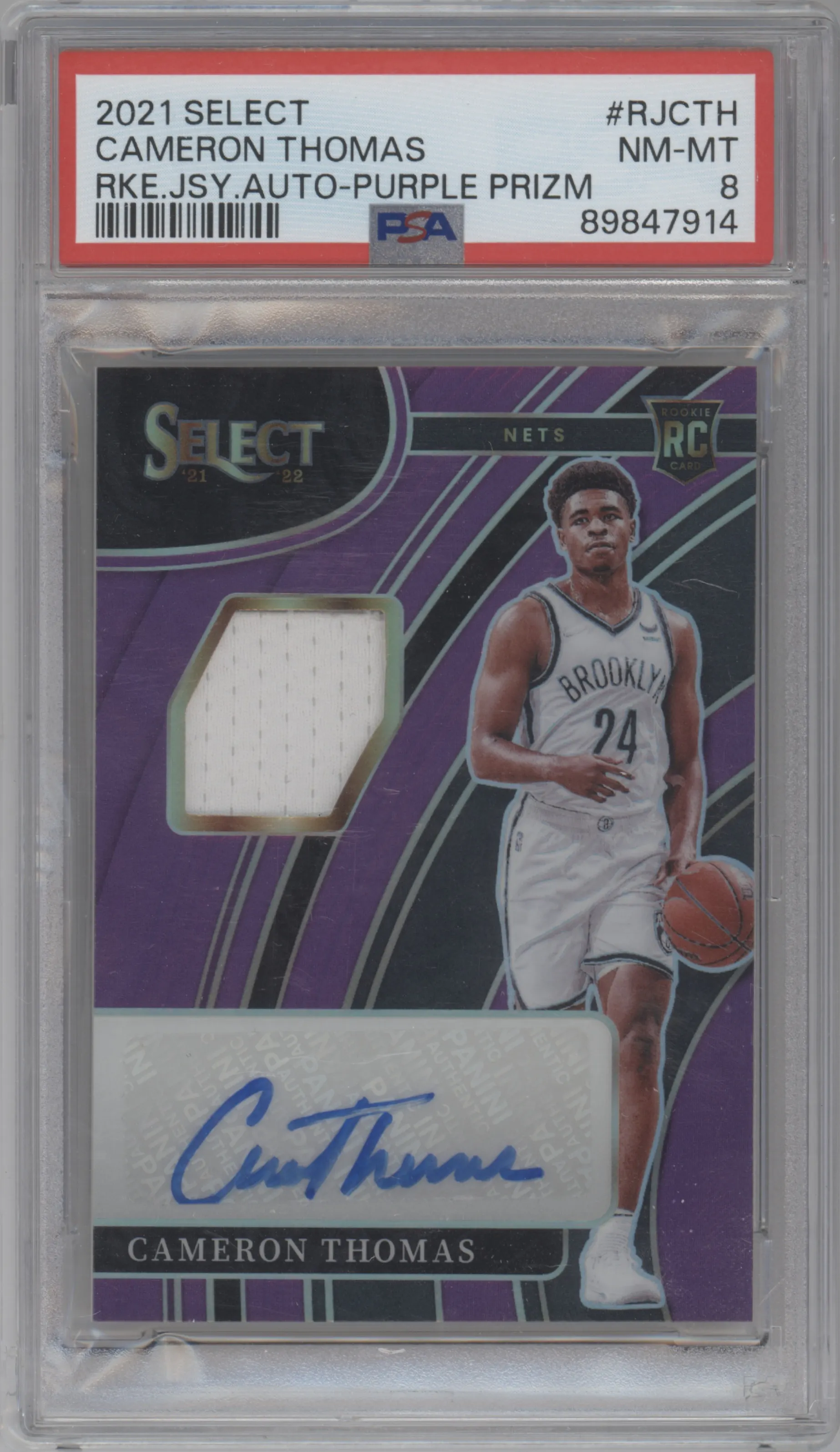 2021 Panini Select Rke.Jrsy.Auto Cameron Thomas Purple Prizm #RJ-CTH PSA 8