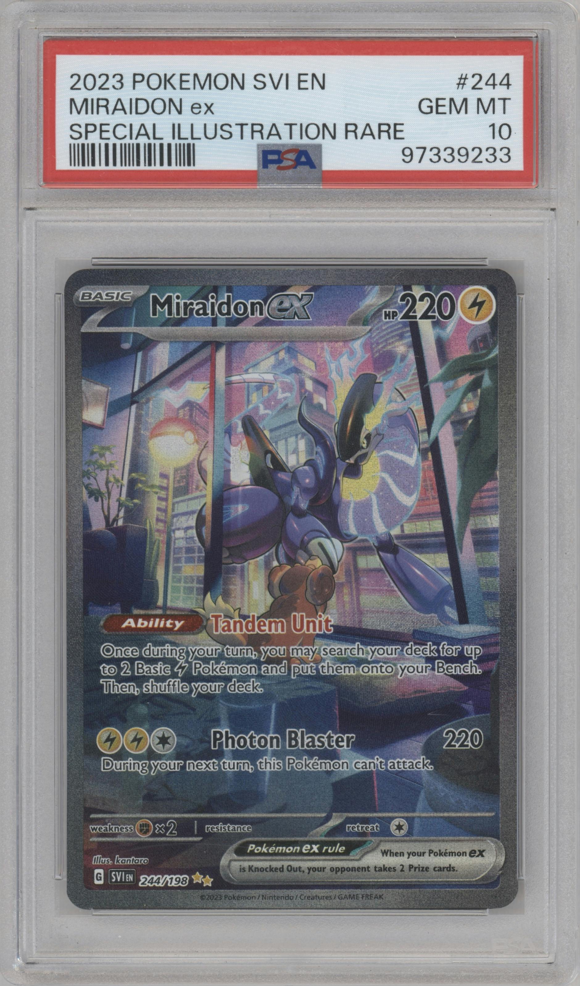 Miraidon ex from the 2023 Pokemon SV set graded by PSA and given an overall grade of 10.