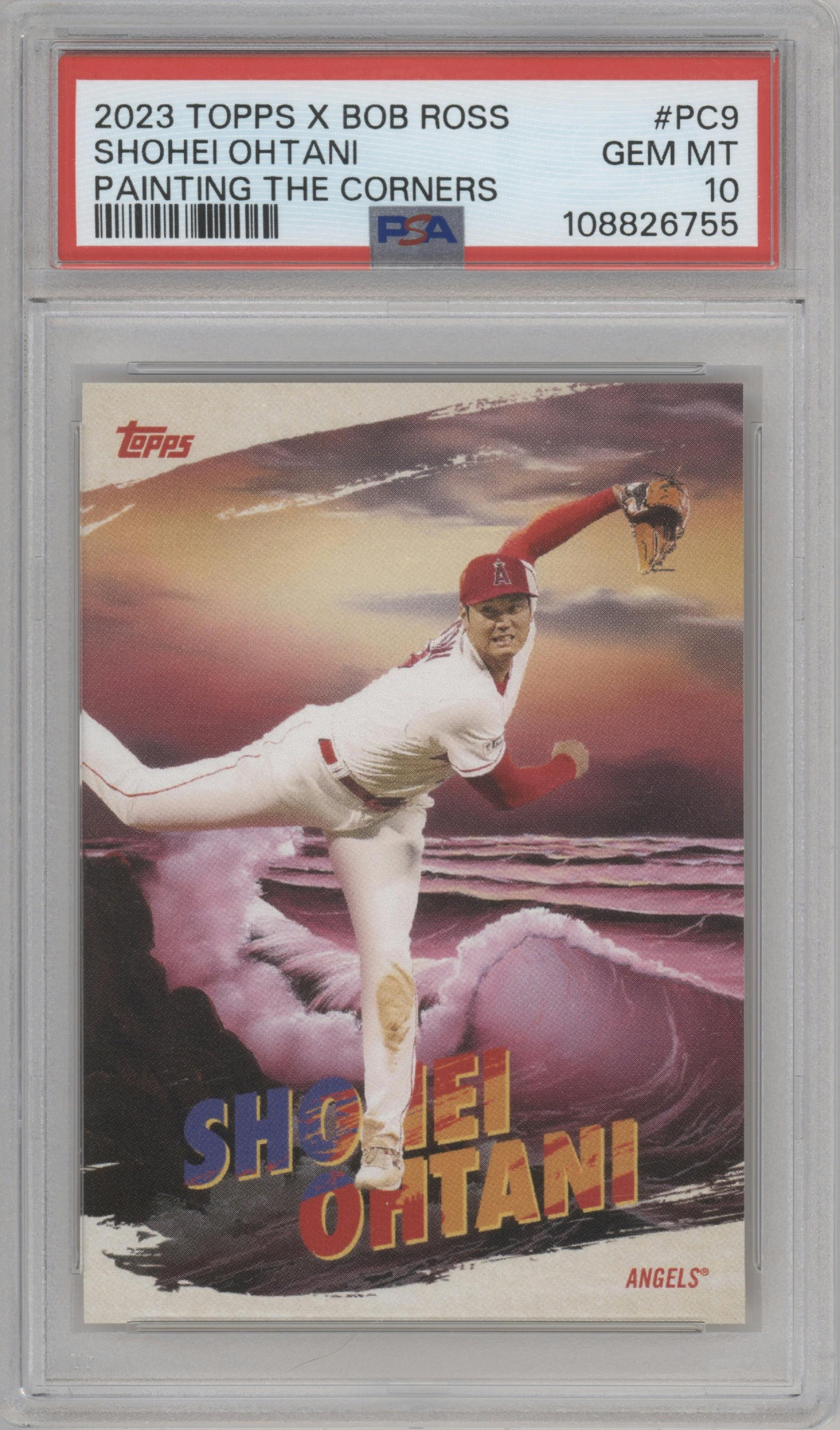 Shohei Ohtani from the 2023 Topps X Bob Ross The Joy of Baseball set graded by PSA and given an overall grade of 10.