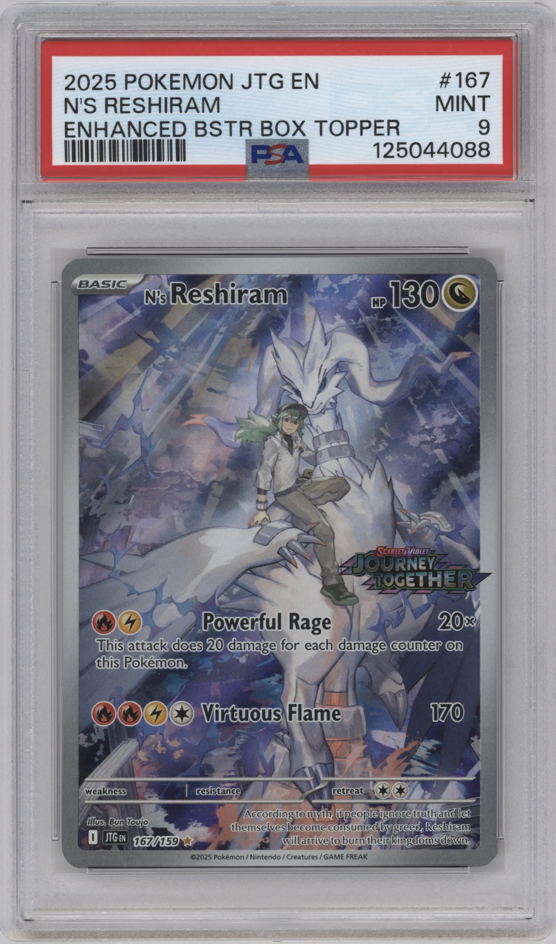 N's Reshiram from the 2025 Pokemon SV set featuring a Enhanced Booster Box parallel graded by PSA and given an overall grade of 9.