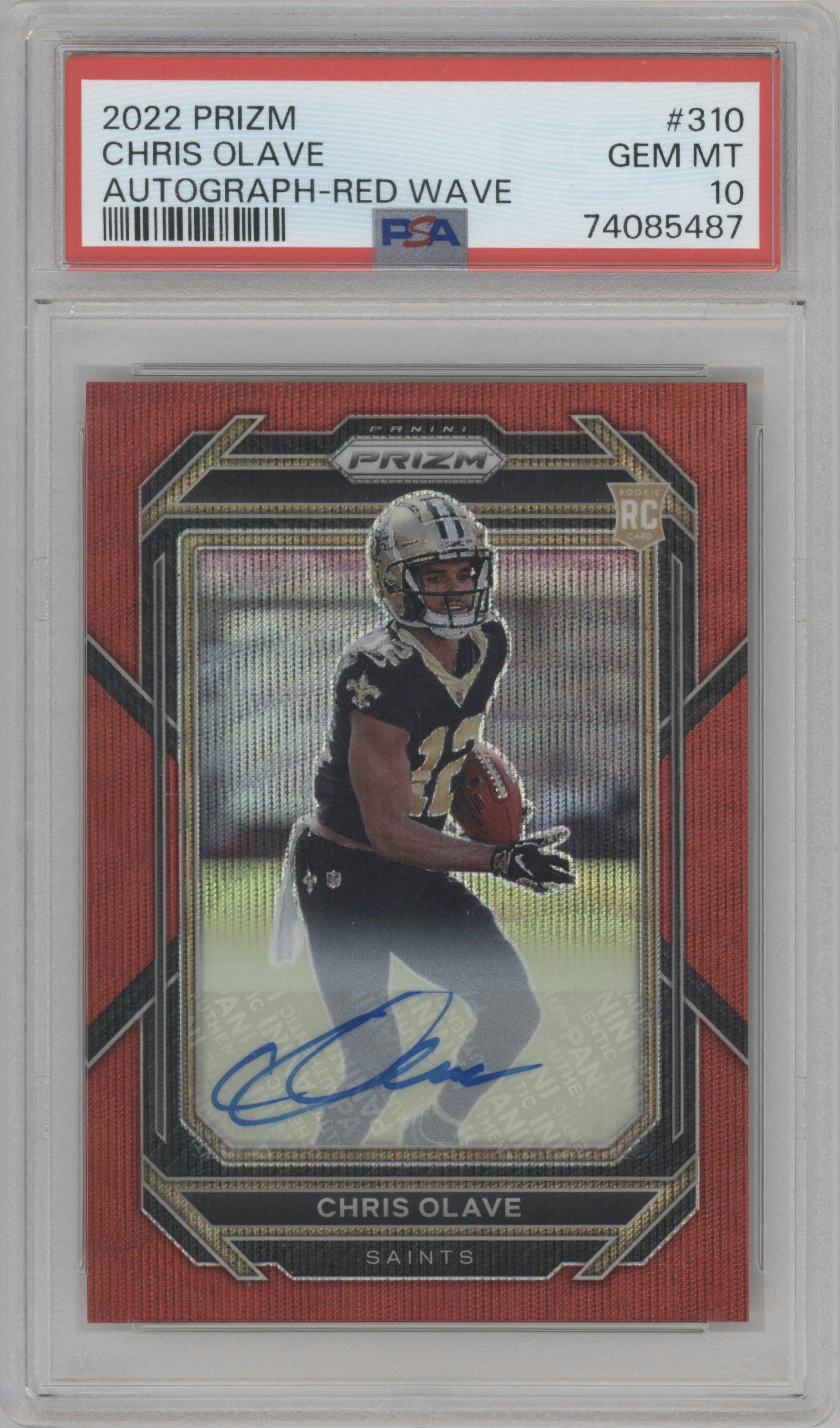Chris Olave from the 2022 Panini Prizm set featuring a Red Wave parallel graded by PSA and given an overall grade of 10.