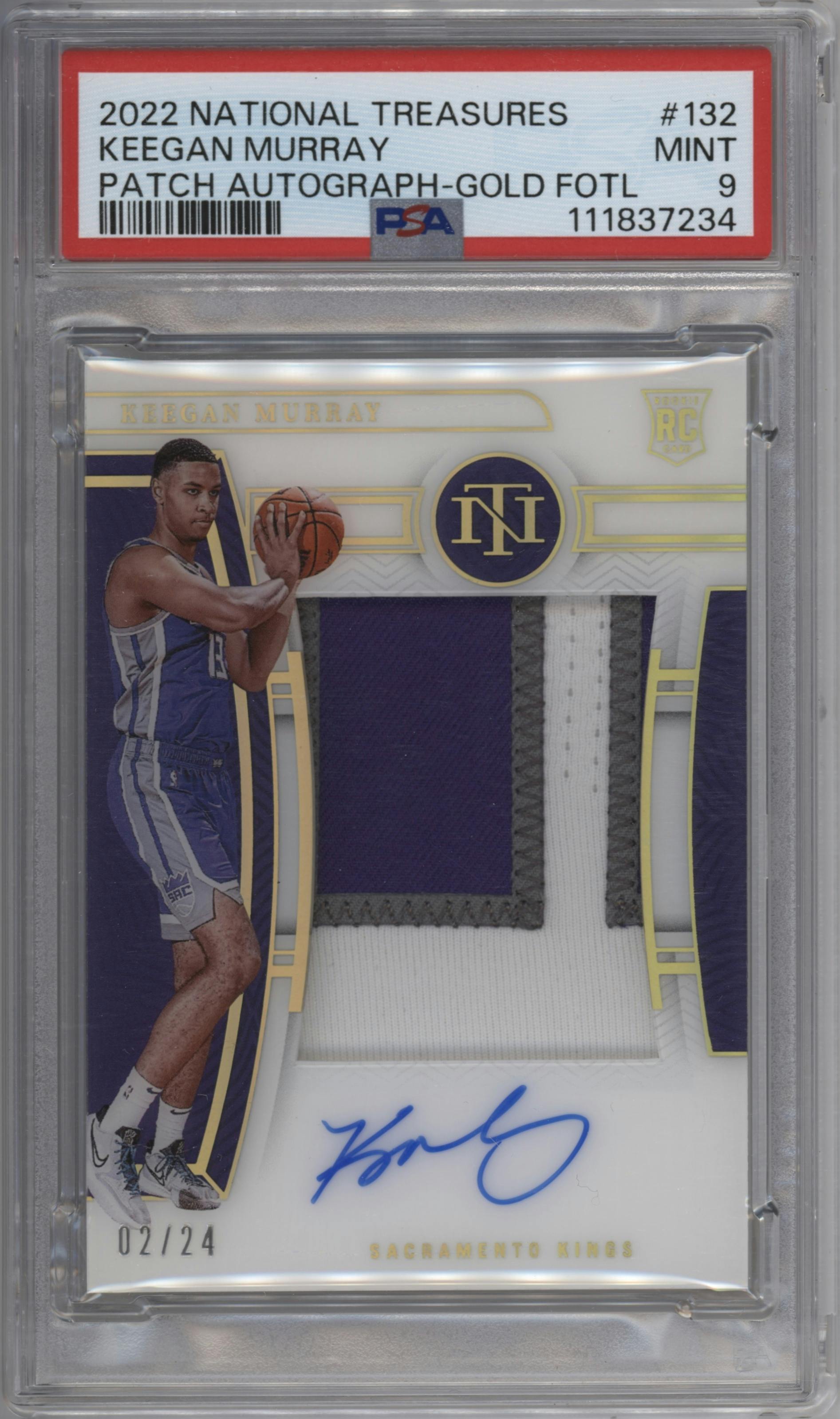 Keegan Murray from the 2022-23 Panini National Treasures set featuring a Gold FOTL parallel graded by PSA and given an overall grade of 9.