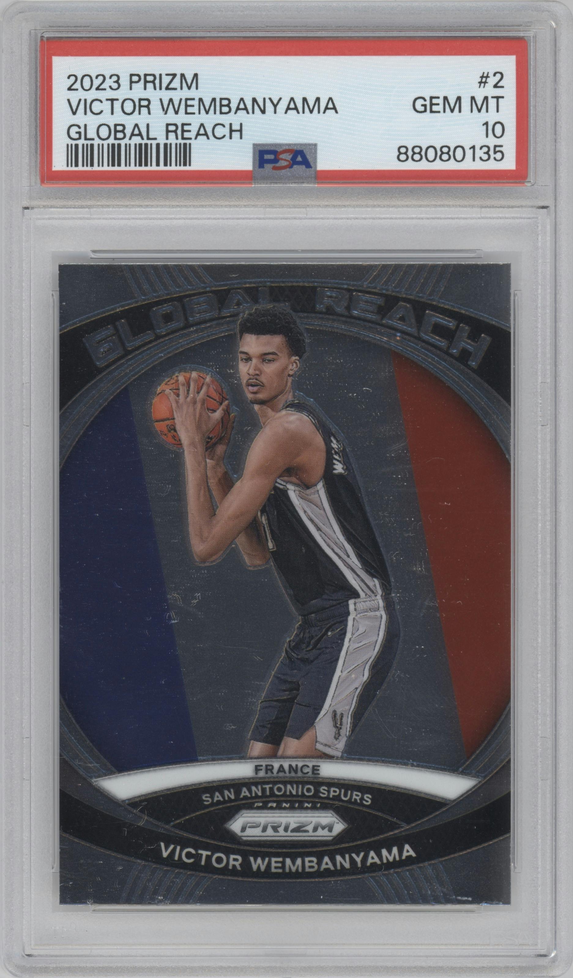 Victor Wembanyama from the 2023-24 Panini Prizm set graded by PSA and given an overall grade of 10.