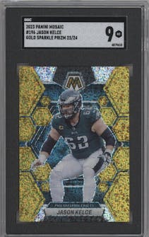 Jason Kelce from the 2023 Panini Mosaic set featuring a Gold Sparkle parallel graded by SGC and given an overall grade of 9.
