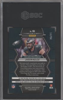 Jason Kelce from the 2023 Panini Mosaic set featuring a Gold Sparkle parallel graded by SGC and given an overall grade of 9.