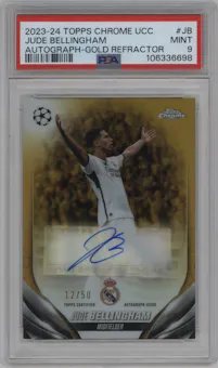 Jude Bellingham from the 2023-24 Topps Chrome UEFA Club Competitions set featuring a Gold parallel graded by PSA and given an overall grade of 9.