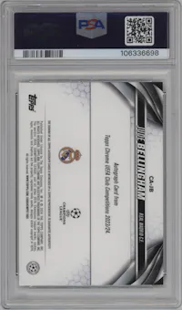 Jude Bellingham from the 2023-24 Topps Chrome UEFA Club Competitions set featuring a Gold parallel graded by PSA and given an overall grade of 9.