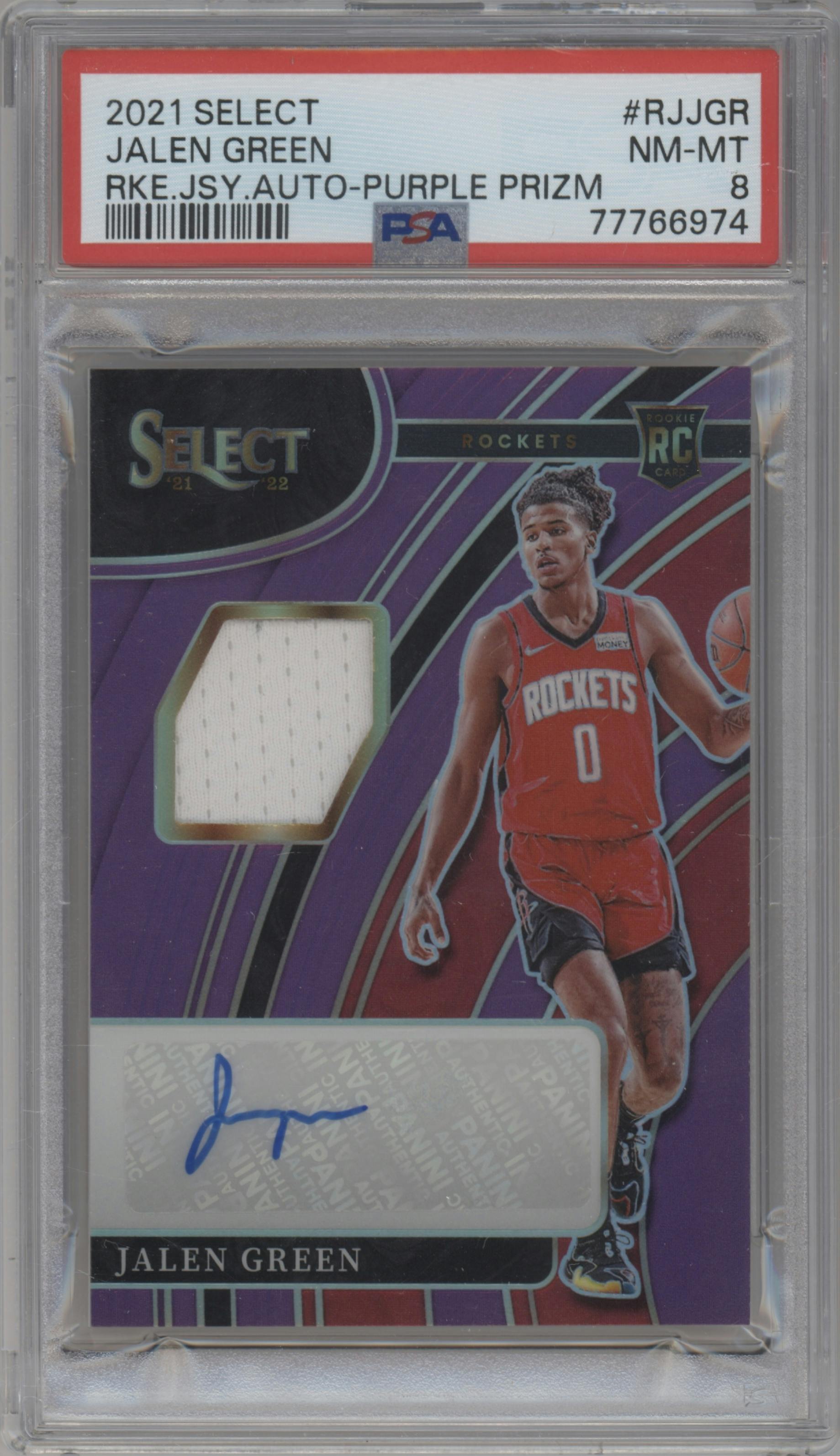 Jalen Green from the 2021-22 Panini Select set featuring a Purple Prizm parallel graded by PSA and given an overall grade of 8.