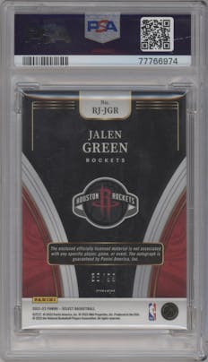 Jalen Green from the 2021-22 Panini Select set featuring a Purple Prizm parallel graded by PSA and given an overall grade of 8.