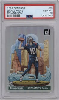 Drake Maye from the 2024 Donruss set graded by PSA and given an overall grade of 10.