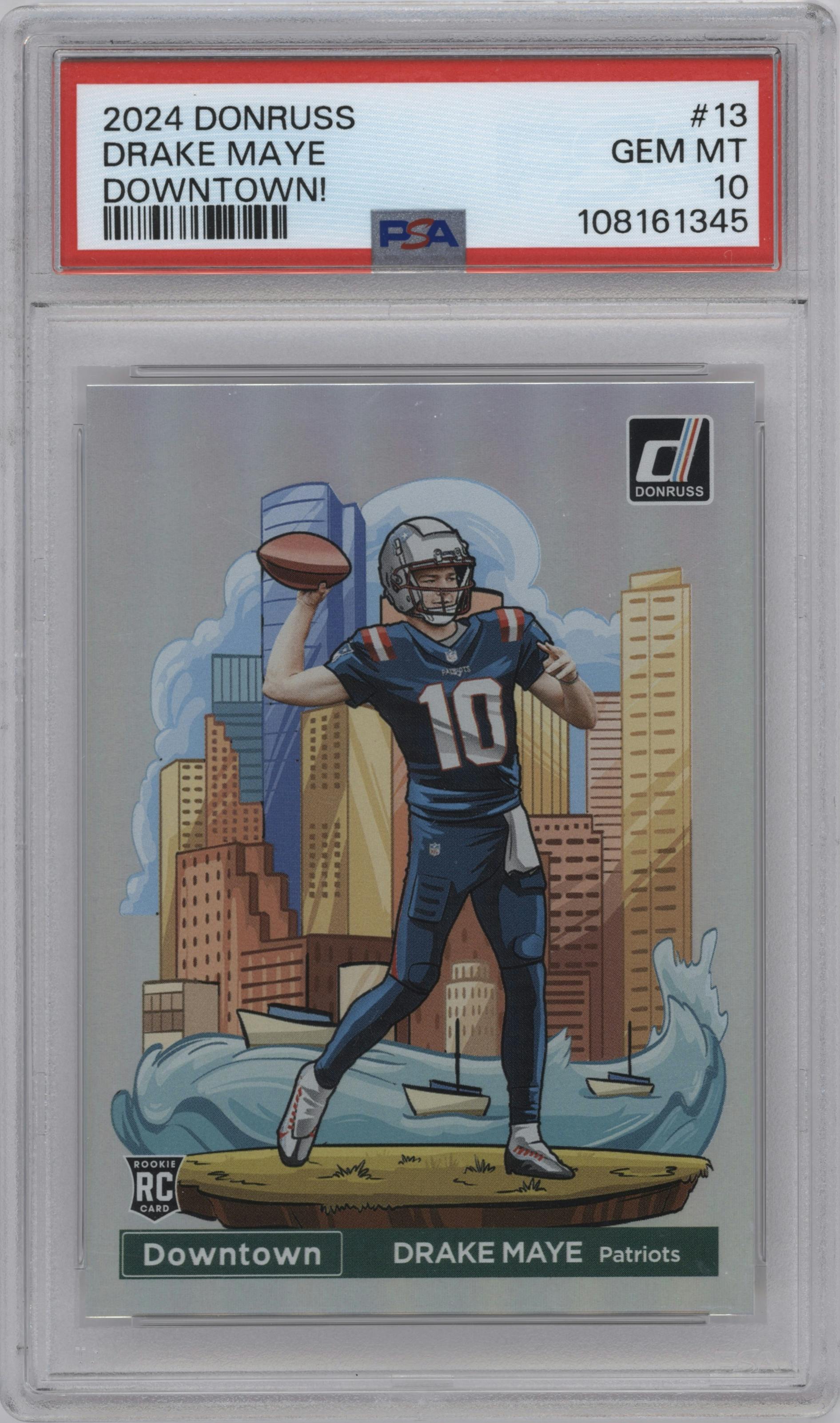 Drake Maye from the 2024 Donruss set graded by PSA and given an overall grade of 10.