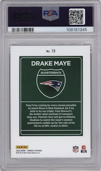 Drake Maye from the 2024 Donruss set graded by PSA and given an overall grade of 10.