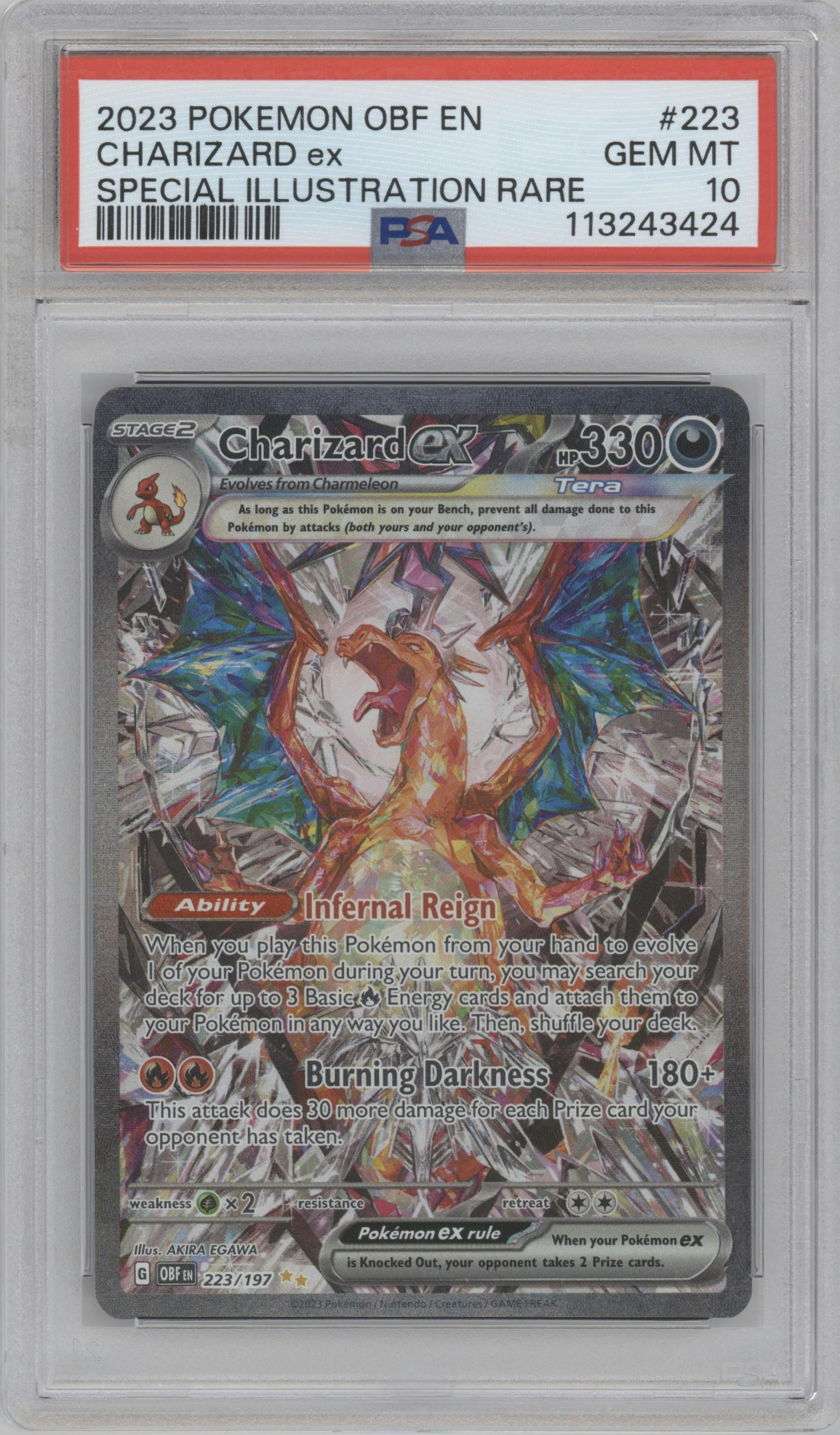 Charizard ex from the 2023 Pokemon SV set graded by PSA and given an overall grade of 10.