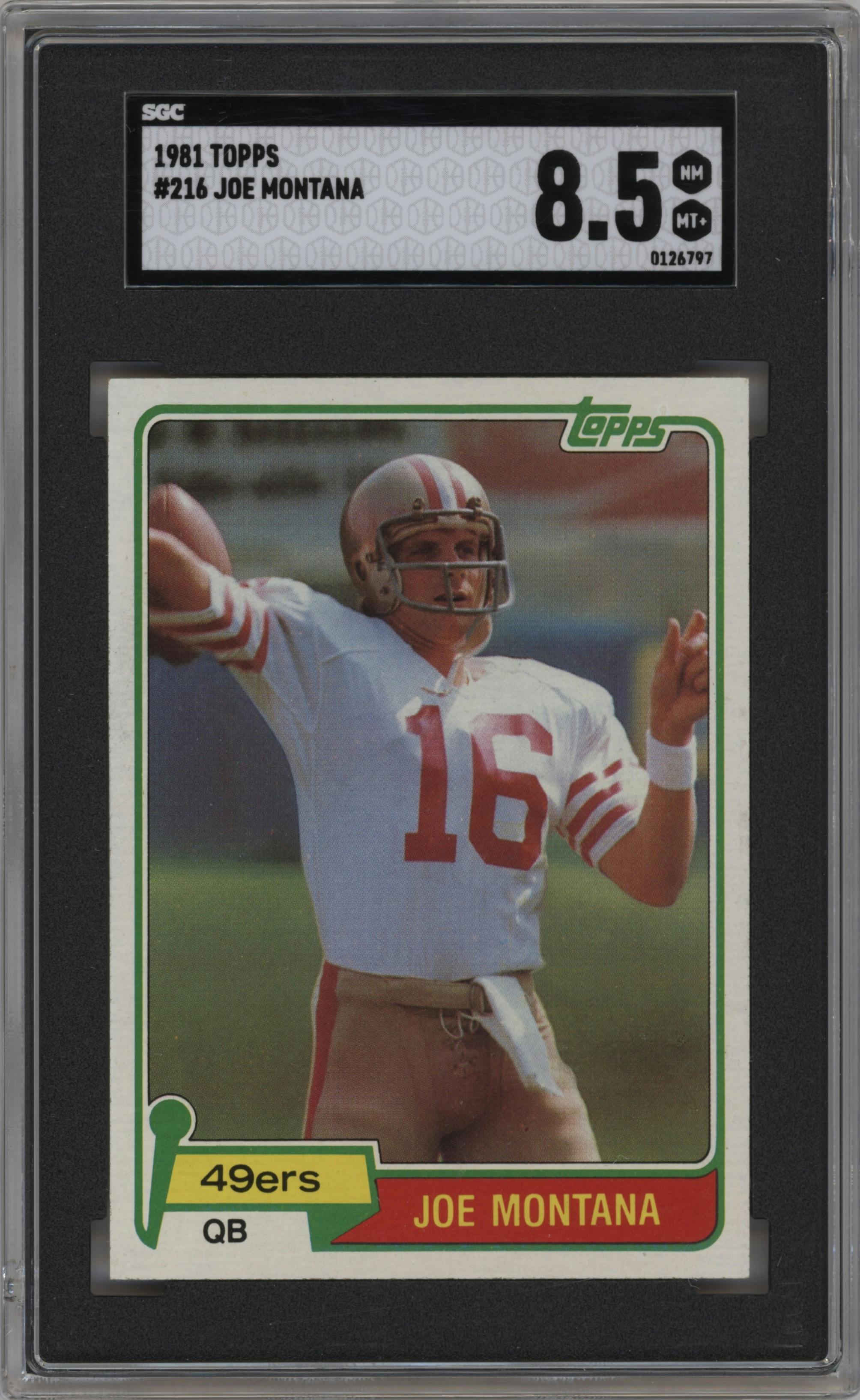 Joe Montana from the 1981 Topps  set graded by SGC and given an overall grade of 8.5.