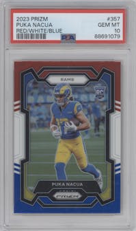 Puka Nacua from the 2023 Panini Prizm set featuring a Red/White/Blue parallel graded by PSA and given an overall grade of 10.