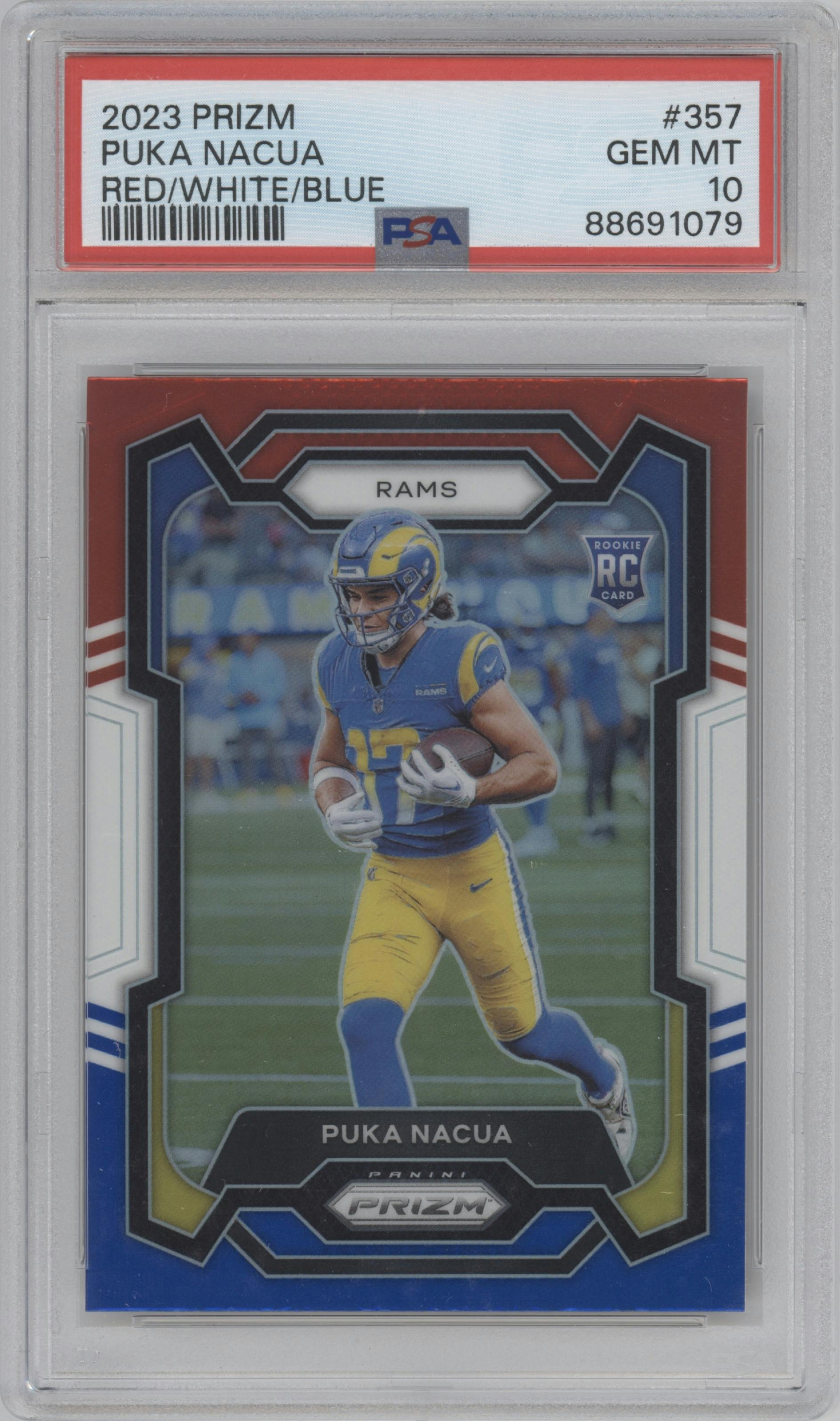 Puka Nacua from the 2023 Panini Prizm set featuring a Red/White/Blue parallel graded by PSA and given an overall grade of 10.