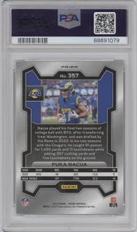 Puka Nacua from the 2023 Panini Prizm set featuring a Red/White/Blue parallel graded by PSA and given an overall grade of 10.