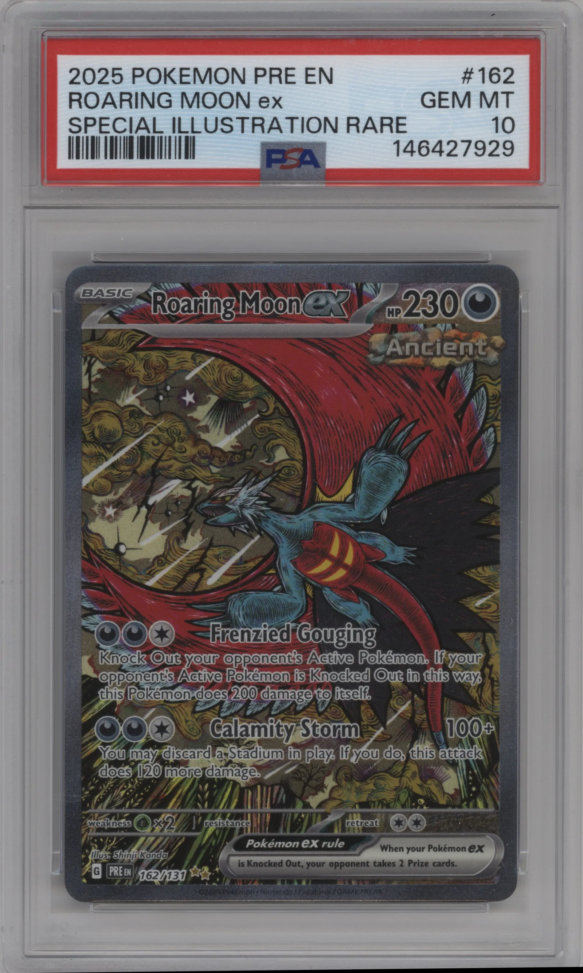 Roaring Moon ex from the 2025 Pokemon SV set graded by PSA and given an overall grade of 10.