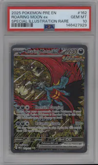 Roaring Moon ex from the 2025 Pokemon SV set graded by PSA and given an overall grade of 10.