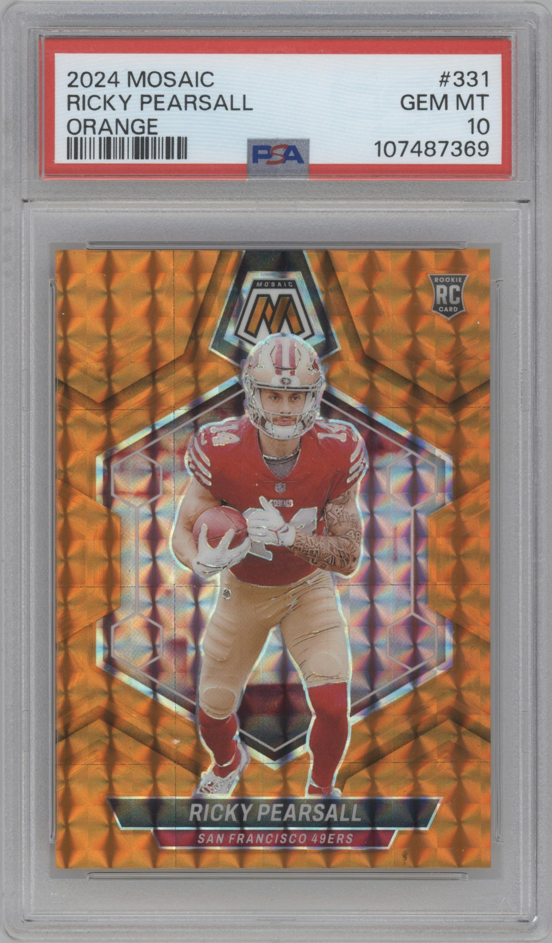 Ricky Pearsall from the 2024 Panini Mosaic set featuring a Orange parallel graded by PSA and given an overall grade of 10.