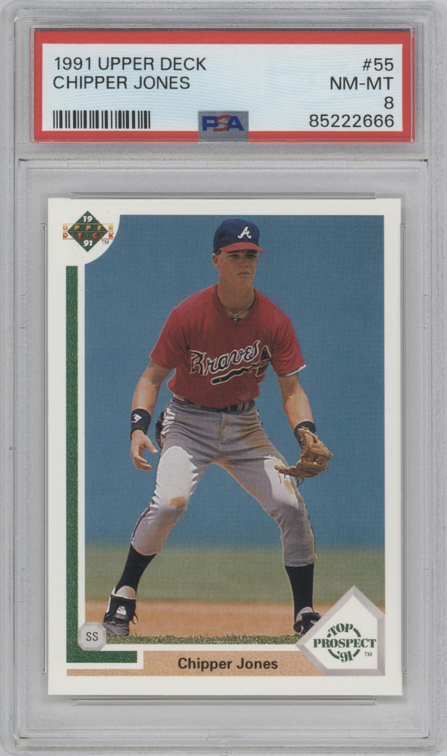 Chipper Jones from the 1991 Upper Deck set graded by PSA and given an overall grade of 8.