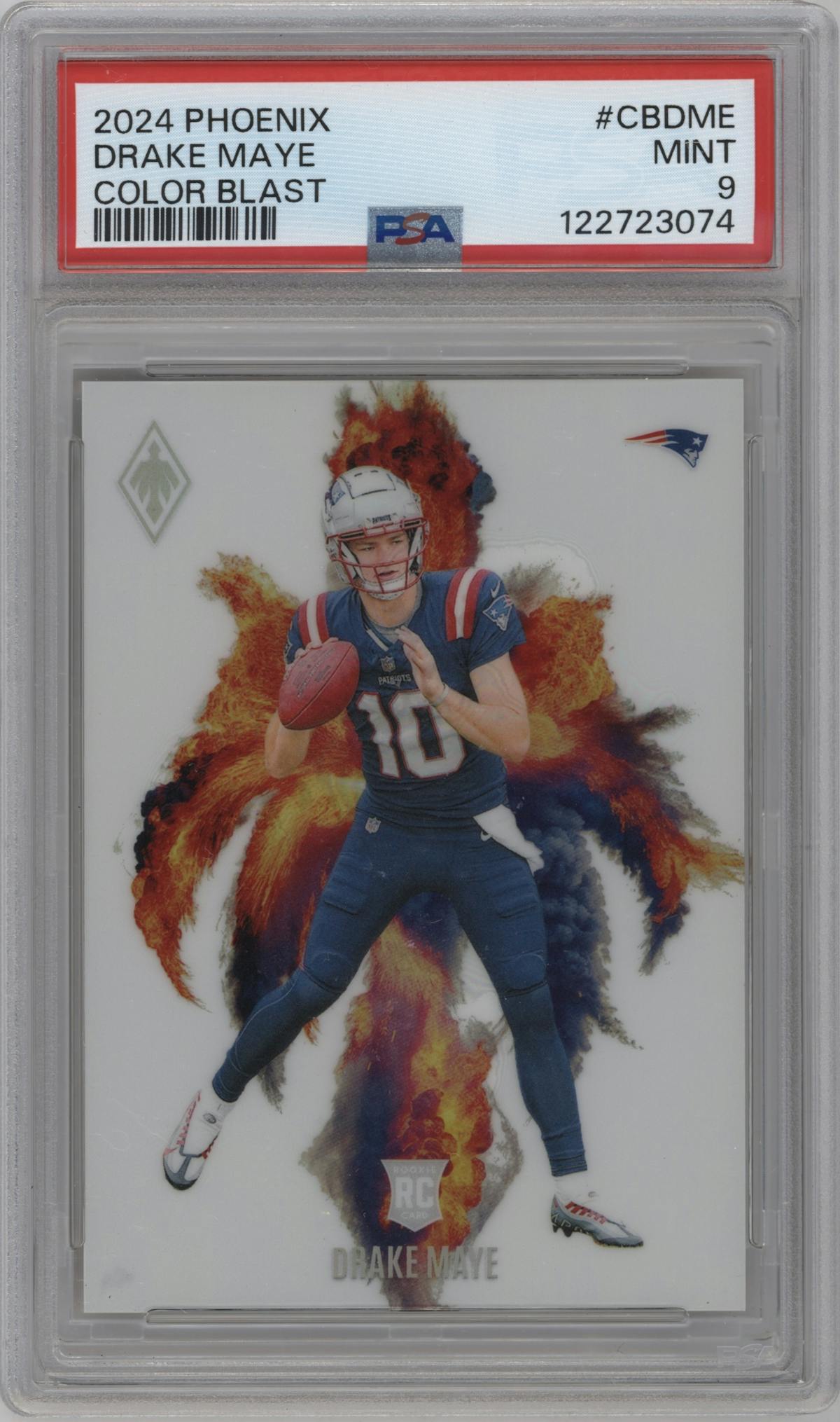 Drake Maye from the 2024 Panini Phoenix set graded by PSA and given an overall grade of 9.