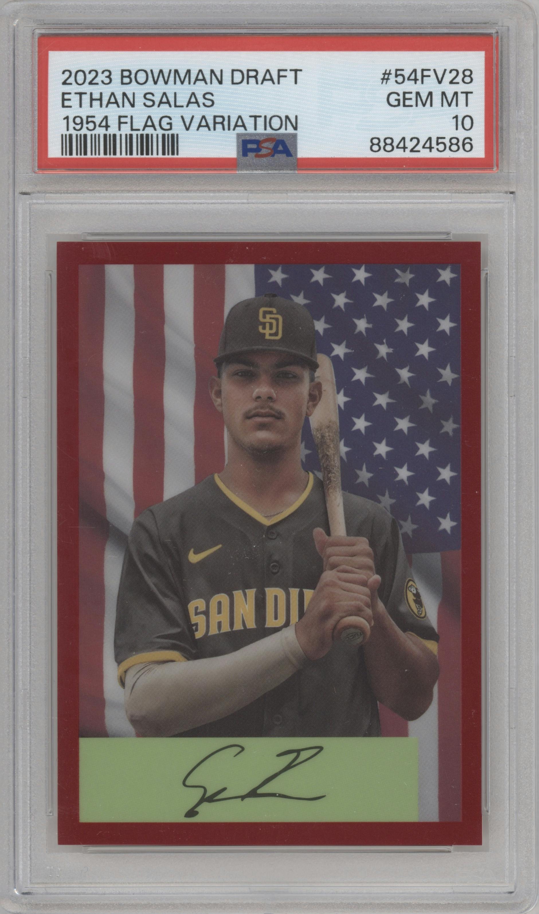 Ethan Salas from the 2023 Bowman Draft set graded by PSA and given an overall grade of 10.