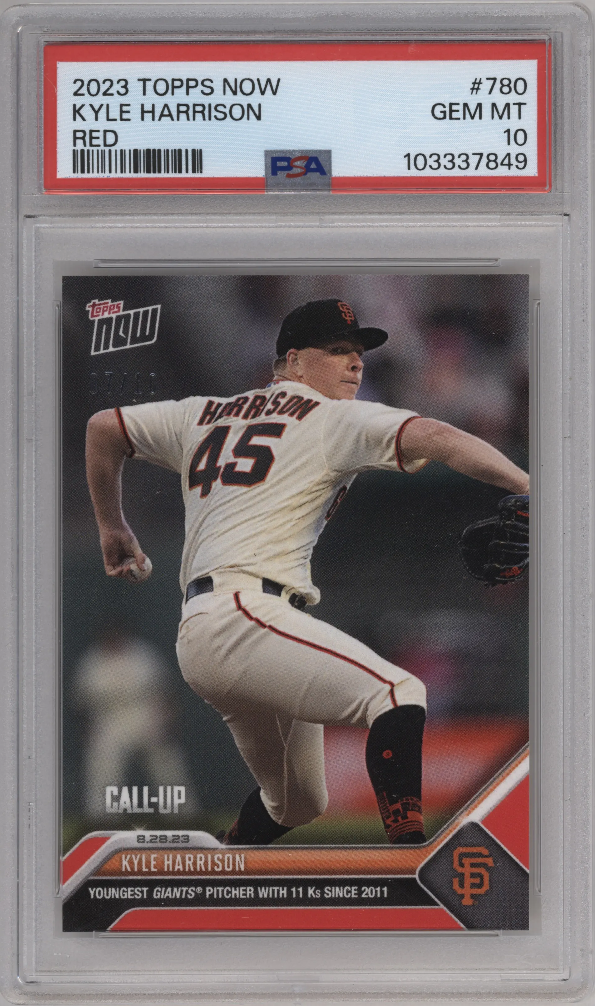 2023 Topps Now Kyle Harrison Red PSA 10