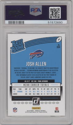 Josh Allen from the 2018 Panini Donruss set graded by PSA and given an overall grade of 9.