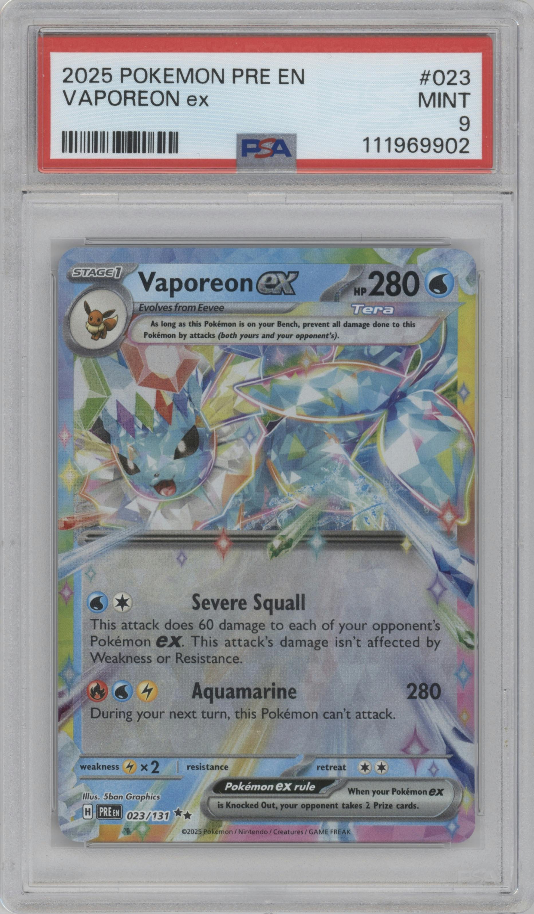 Vaporeon ex from the 2025 Pokemon SV set graded by PSA and given an overall grade of 9.