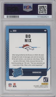 Bo Nix from the 2024 Donruss set featuring a Press Proof Silver parallel graded by PSA and given an overall grade of 10.