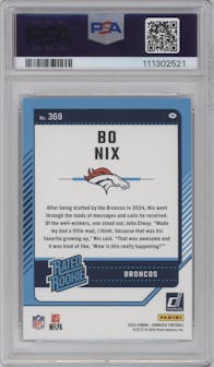 Bo Nix from the 2024 Donruss set featuring a Press Proof Silver parallel graded by PSA and given an overall grade of 10.
