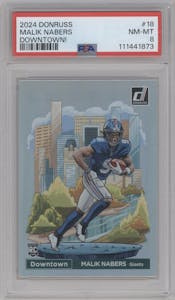 Malik Nabers  from the 2024 Donruss set graded by PSA and given an overall grade of 8.