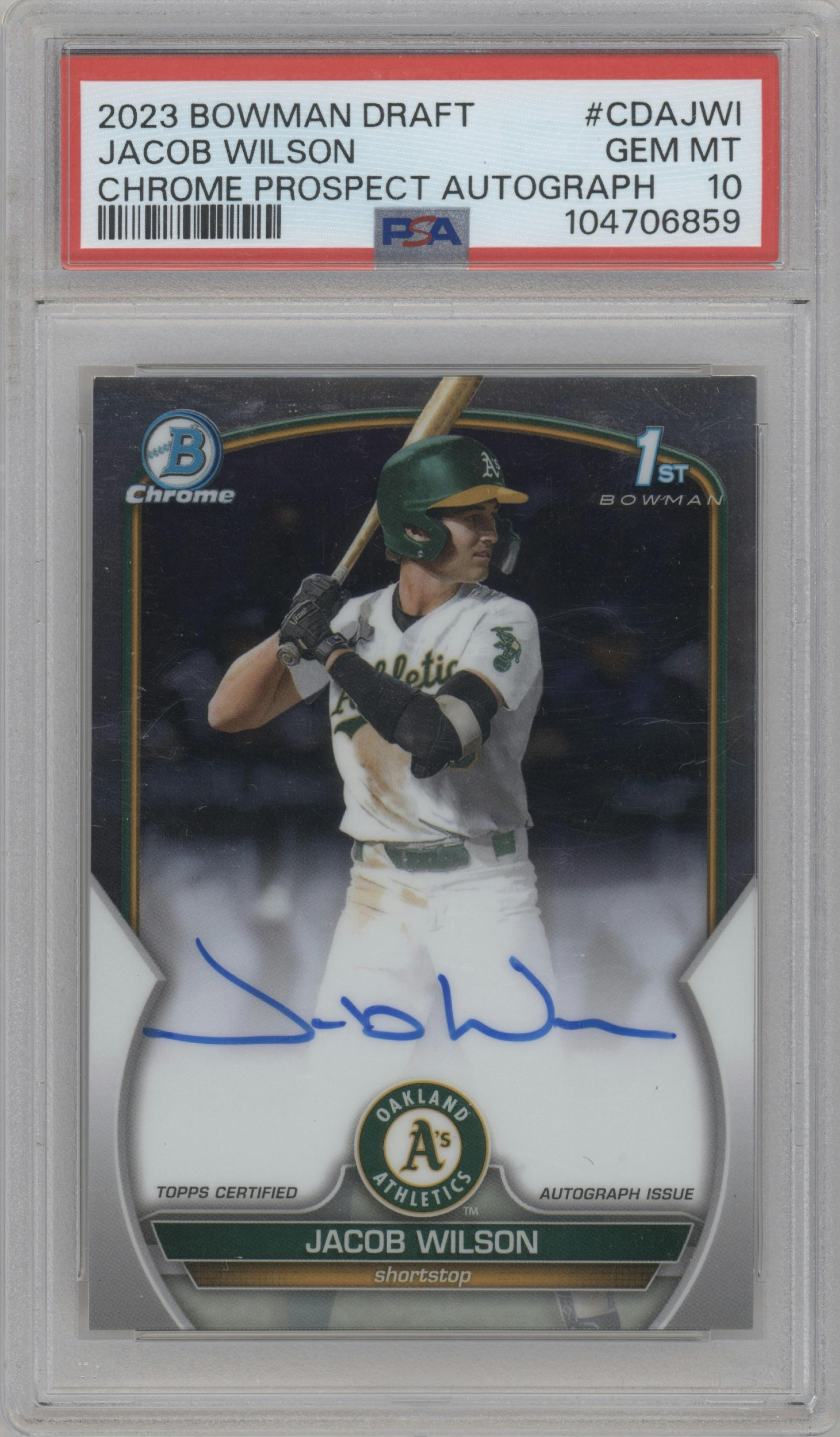 Jacob Wilson from the 2023 Bowman Draft set graded by PSA and given an overall grade of 10.