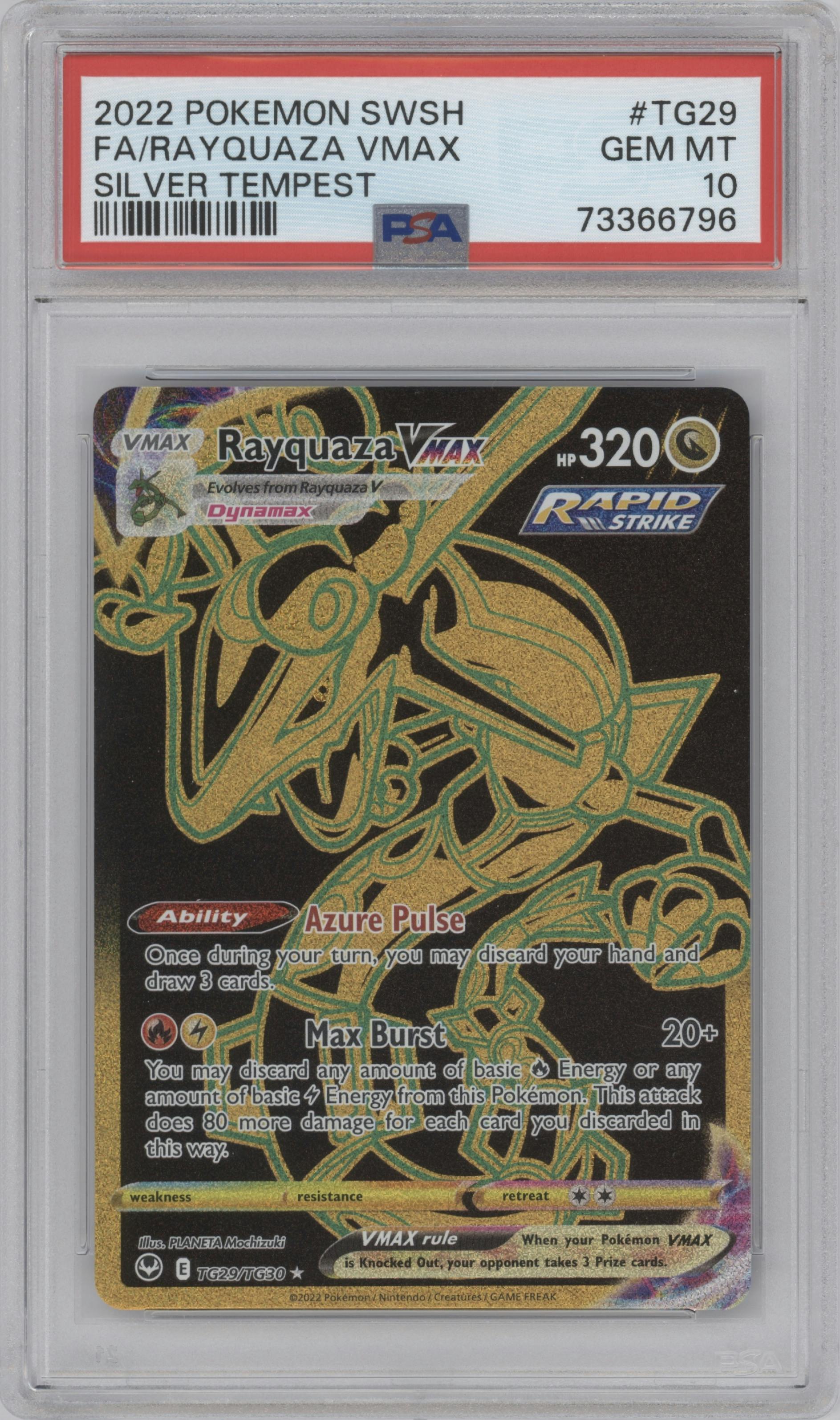 Rayquaza VMAX from the 2022 Pokemon SWSH set graded by PSA and given an overall grade of 10.