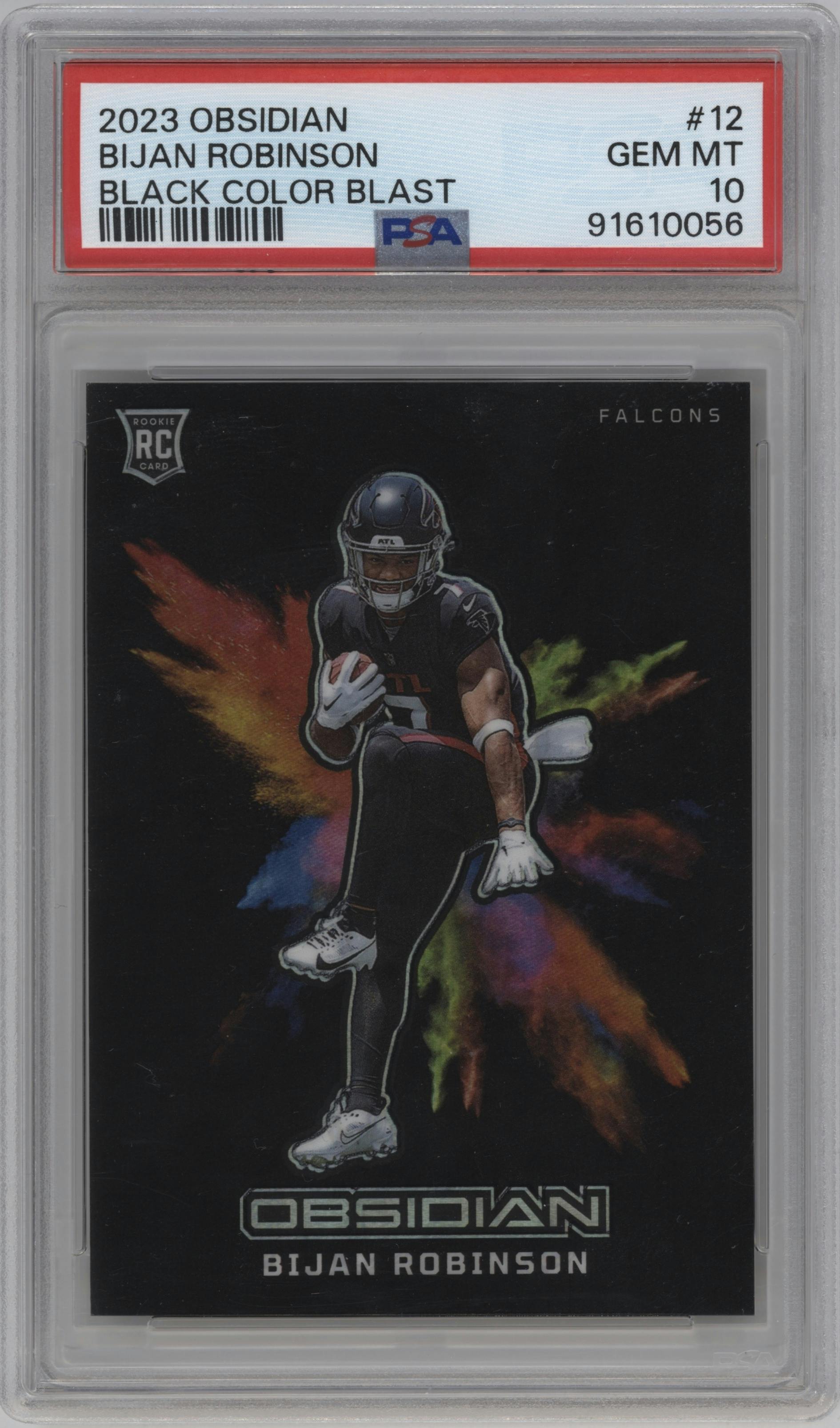 Bijan Robinson from the 2023 Panini Obsidian set graded by PSA and given an overall grade of 10.
