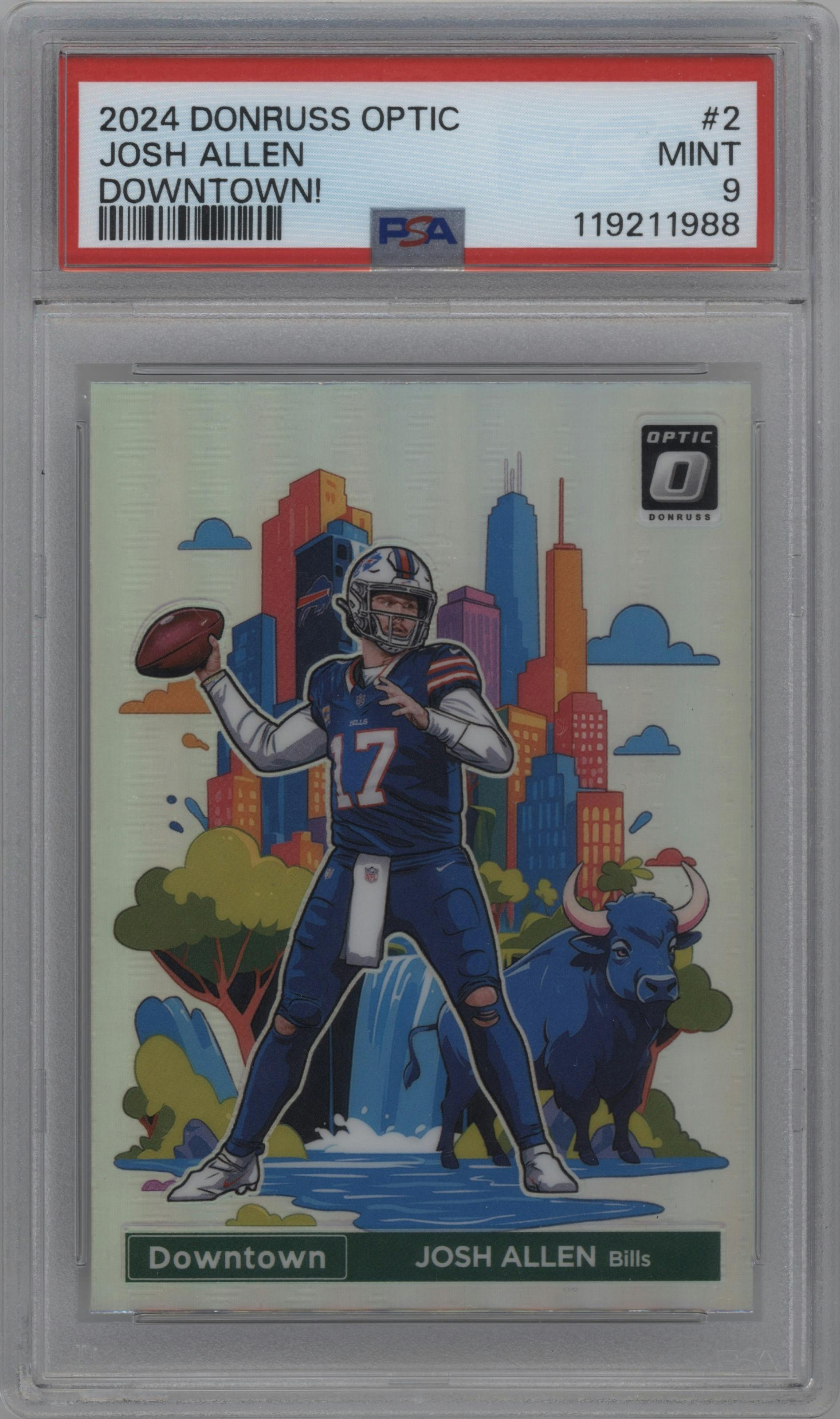 Josh Allen from the 2024 Donruss Optic set graded by PSA and given an overall grade of 9.