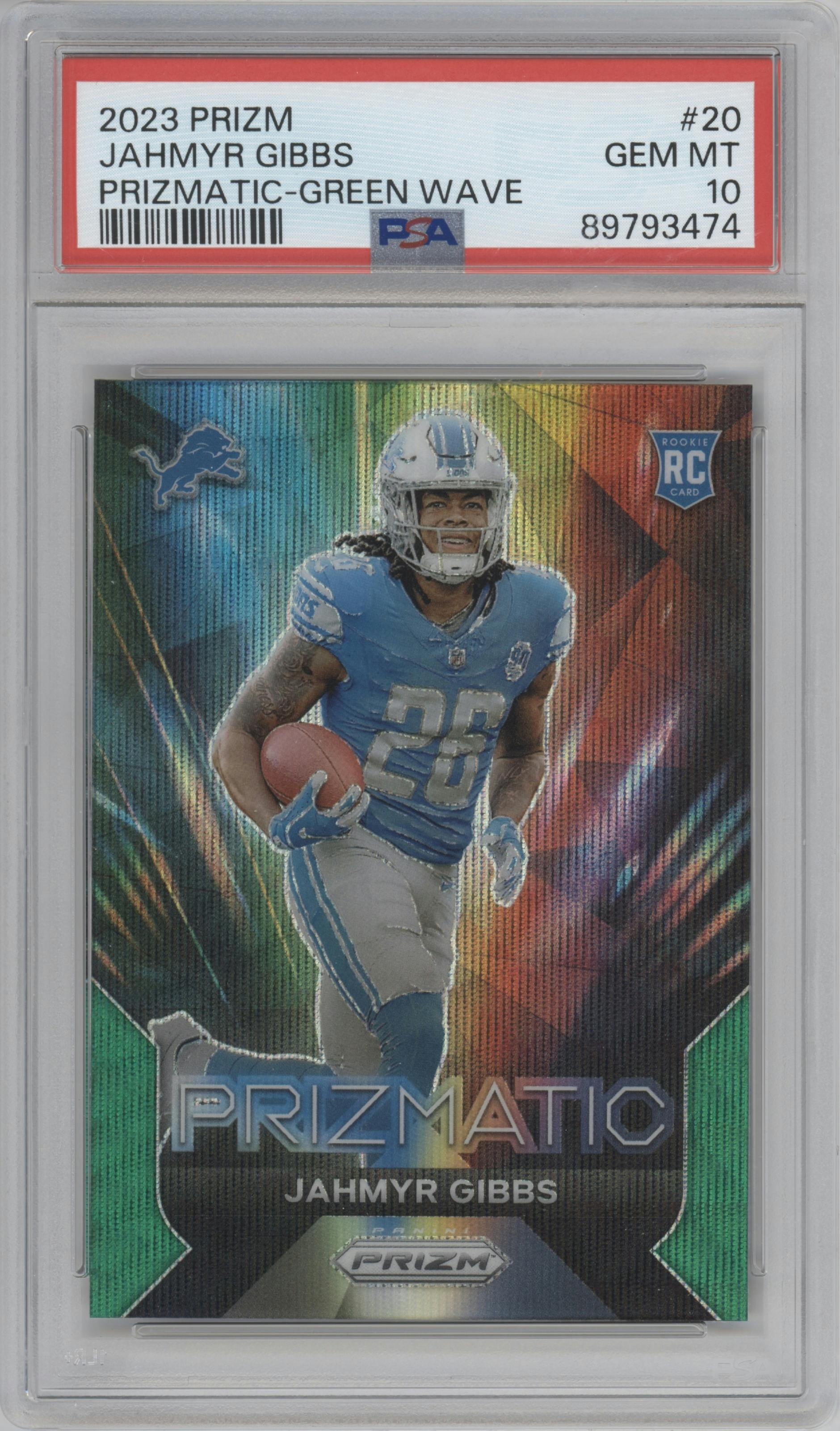 Jahmyr Gibbs from the 2023 Panini Prizm set featuring a Green Wave parallel graded by PSA and given an overall grade of 10.
