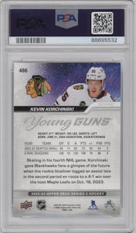 Kevin Korchinski from the 2023-24 Upper Deck Series 2 set graded by PSA and given an overall grade of 10.