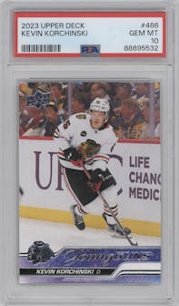 Kevin Korchinski from the 2023-24 Upper Deck Series 2 set graded by PSA and given an overall grade of 10.