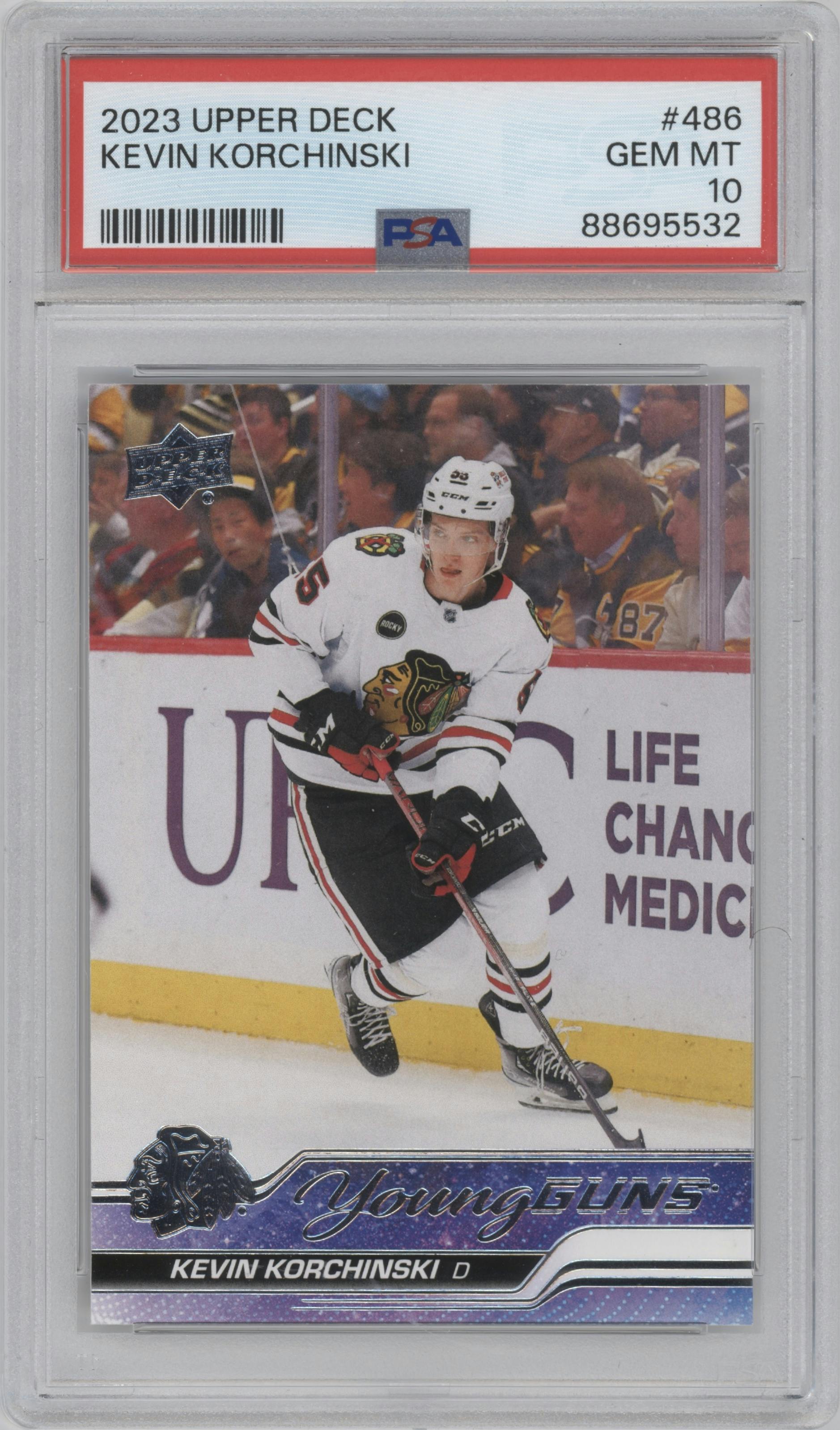 Kevin Korchinski from the 2023-24 Upper Deck Series 2 set graded by PSA and given an overall grade of 10.
