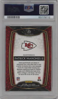 Patrick Mahomes II from the 2020 Panini Select set featuring a Tiger Prizm parallel graded by PSA and given an overall grade of 10.