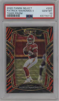 Patrick Mahomes II from the 2020 Panini Select set featuring a Tiger Prizm parallel graded by PSA and given an overall grade of 10.