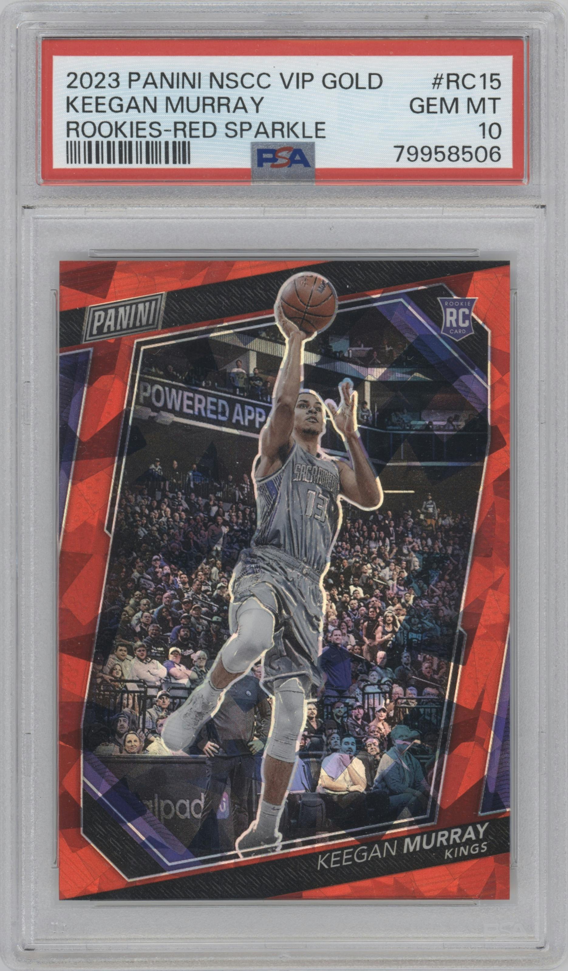 Keegan Murray from the 2023 Panini The National VIP set featuring a Red Sparkle parallel graded by PSA and given an overall grade of 10.